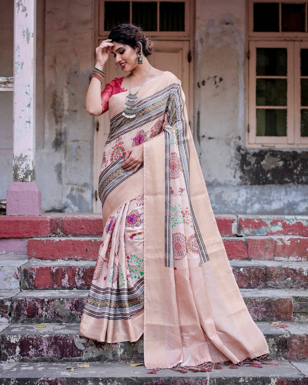 Elegant Peach Banarasi Silk Saree with Multicolor Embroidery and Tassels BANARASI PRINTED
