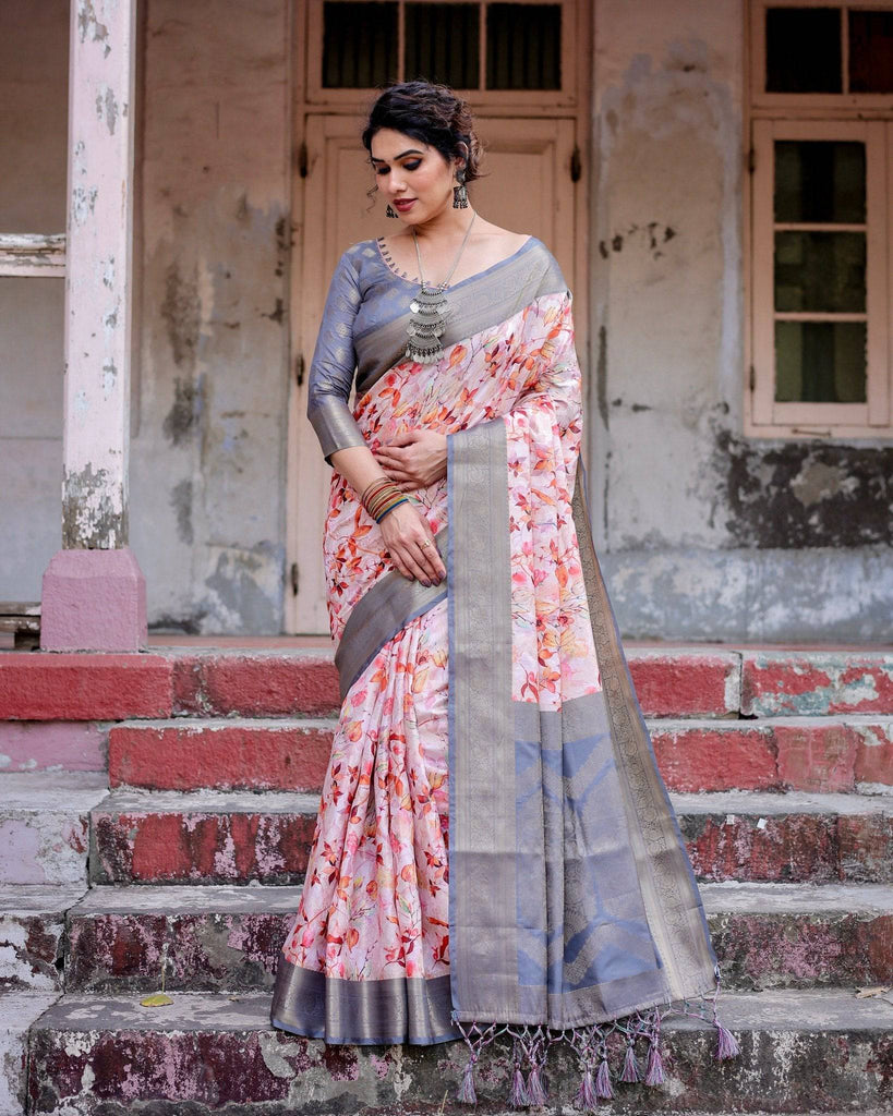 Graceful Grey Banarasi Silk Saree with Floral Elegance and Zari Accents BANARASI PRINTED