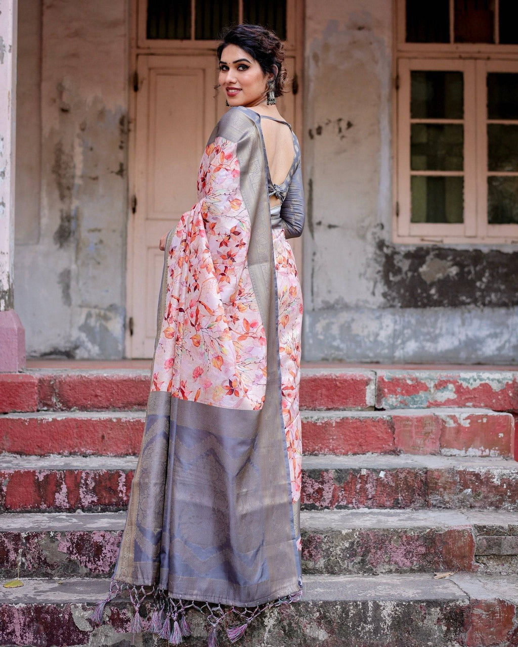 Graceful Grey Banarasi Silk Saree with Floral Elegance and Zari Accents BANARASI PRINTED
