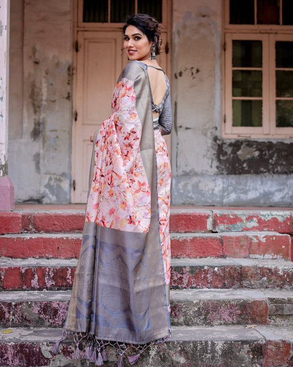 Graceful Grey Banarasi Silk Saree with Floral Elegance and Zari Accents BANARASI PRINTED