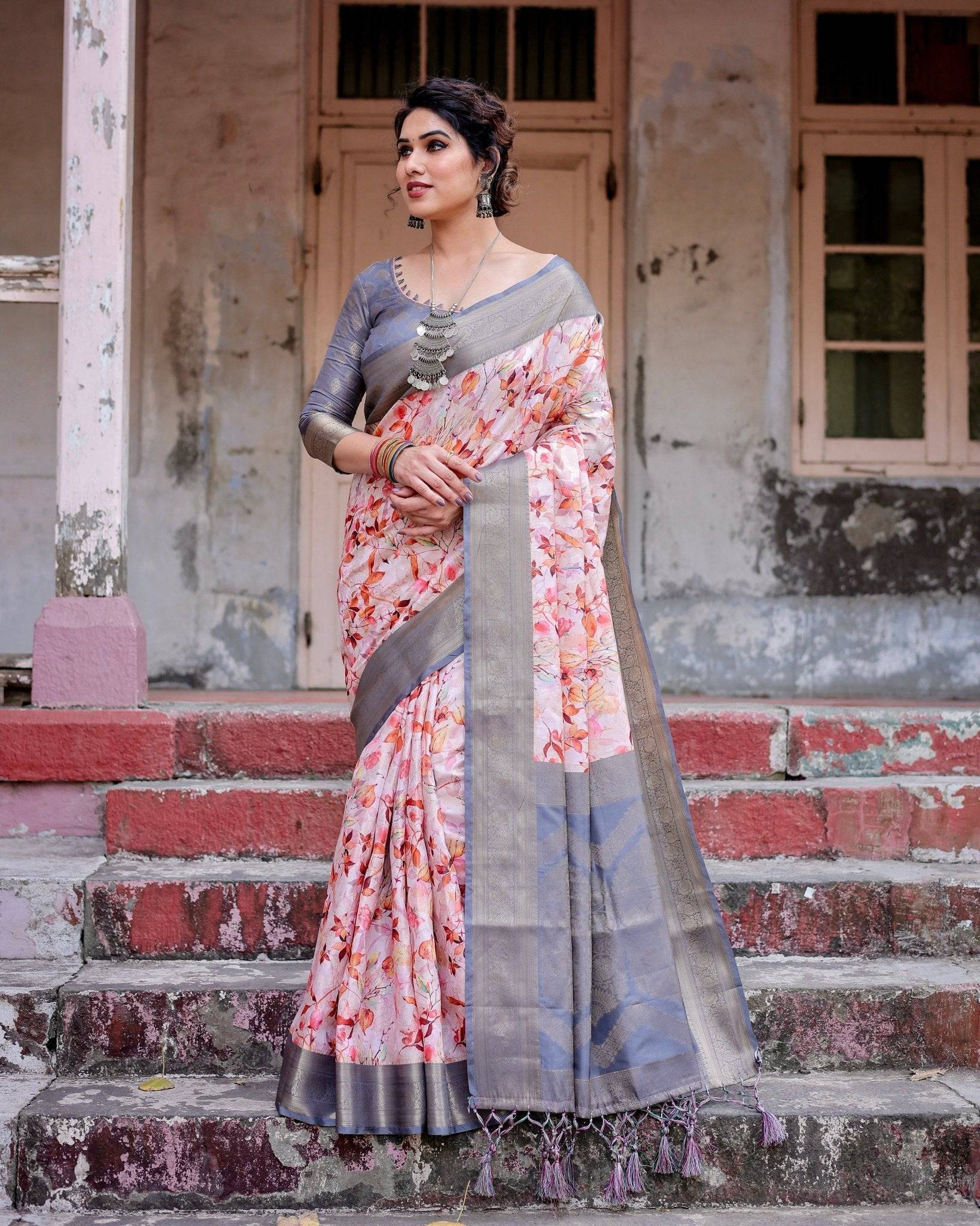Graceful Grey Banarasi Silk Saree with Floral Elegance and Zari Accents BANARASI PRINTED