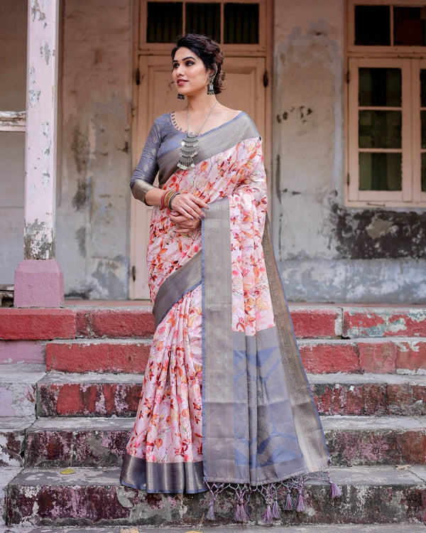 Graceful Grey Banarasi Silk Saree with Floral Elegance and Zari Accents BANARASI PRINTED