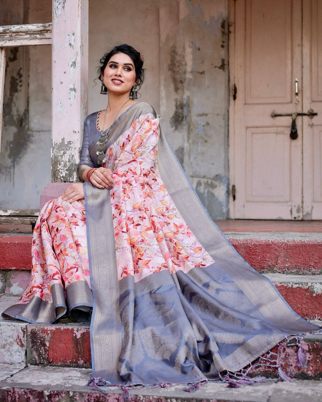 Graceful Grey Banarasi Silk Saree with Floral Elegance and Zari Accents BANARASI PRINTED