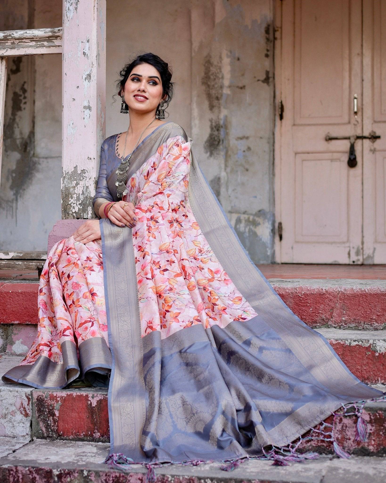 Graceful Grey Banarasi Silk Saree with Floral Elegance and Zari Accents BANARASI PRINTED