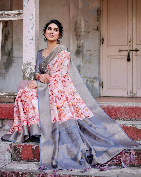 Graceful Grey Banarasi Silk Saree with Floral Elegance and Zari Accents BANARASI PRINTED