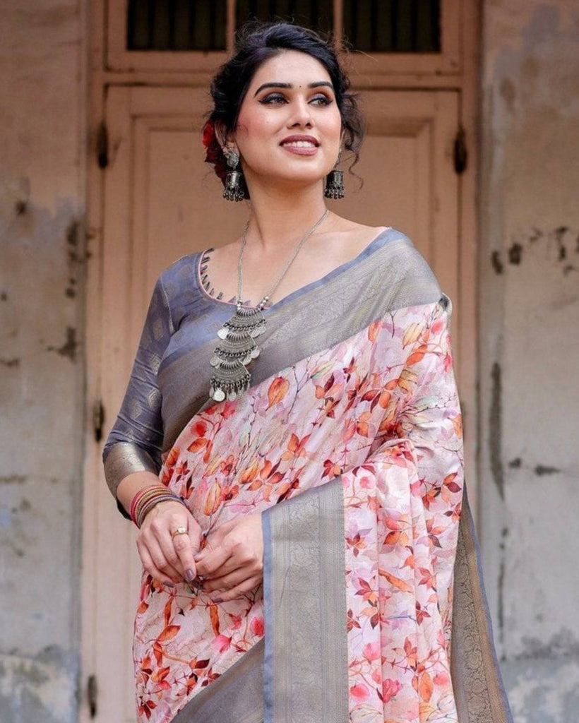 Graceful Grey Banarasi Silk Saree with Floral Elegance and Zari Accents BANARASI PRINTED