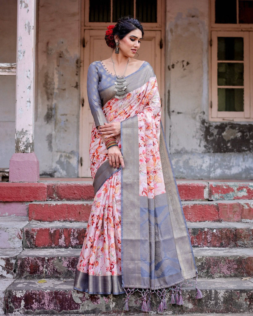 Graceful Grey Banarasi Silk Saree with Floral Elegance and Zari Accents BANARASI PRINTED