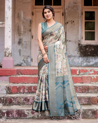 Graceful Teal Banarasi Silk Saree with Digital Vintage Prints and Zari Weaving BANARASI PRINTED