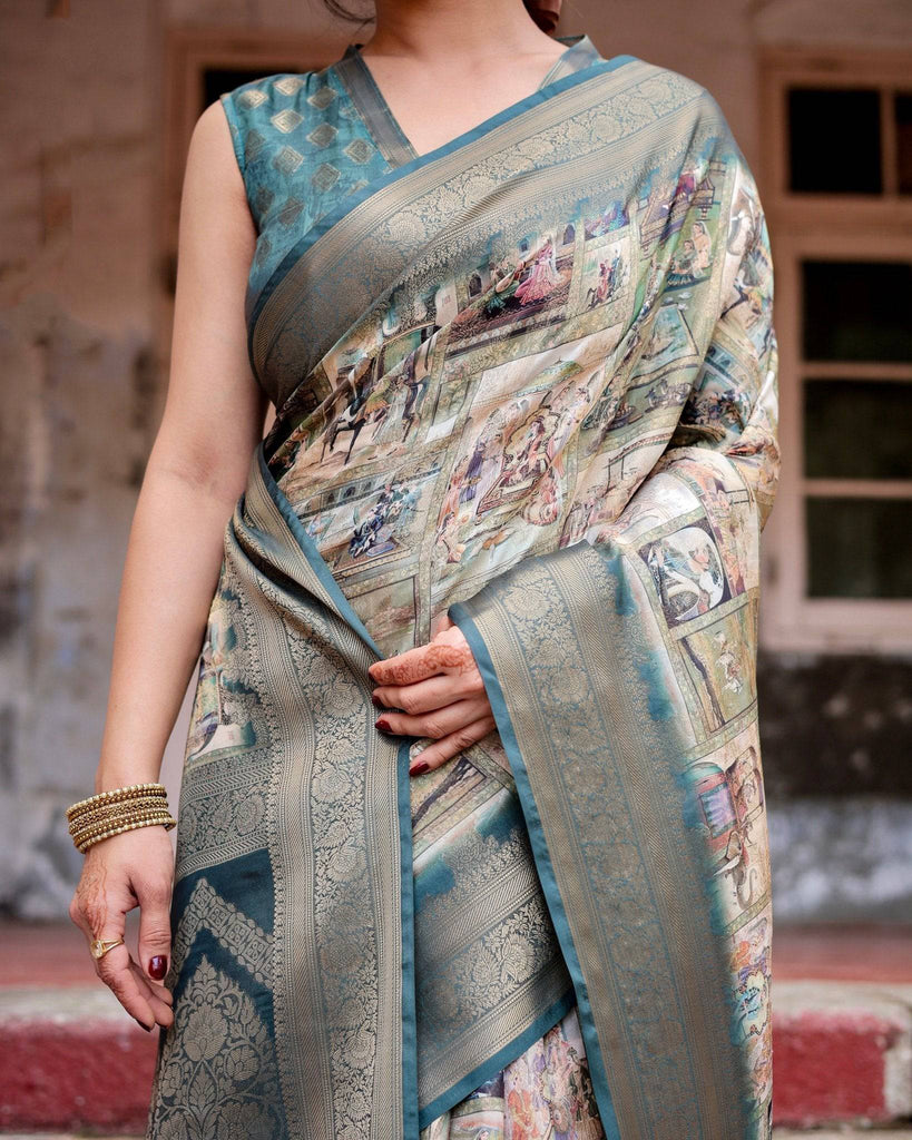 Graceful Teal Banarasi Silk Saree with Digital Vintage Prints and Zari Weaving BANARASI PRINTED