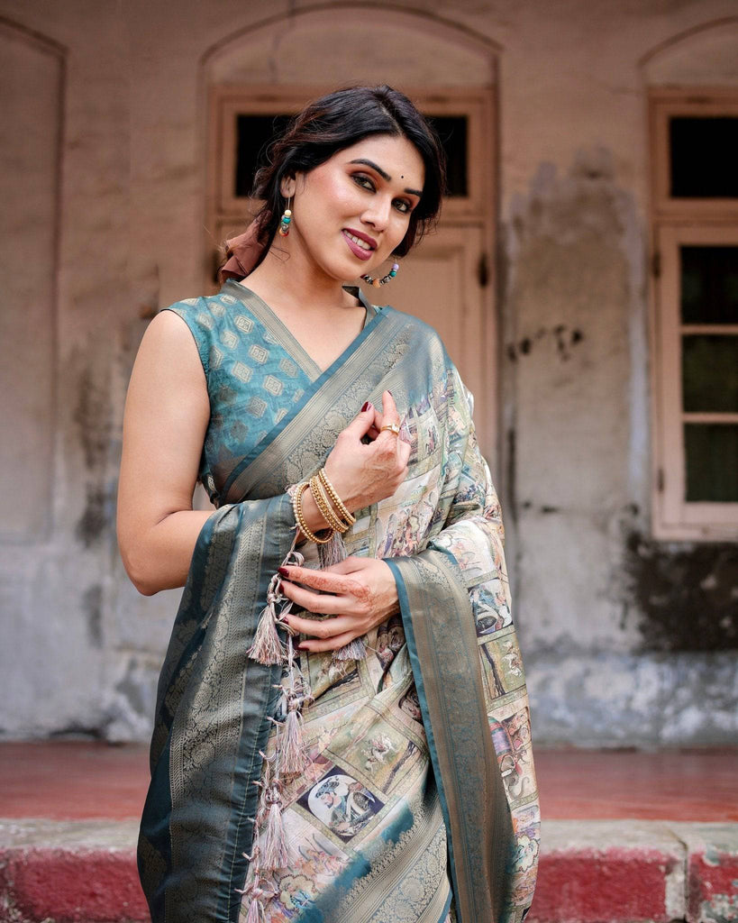 Graceful Teal Banarasi Silk Saree with Digital Vintage Prints and Zari Weaving BANARASI PRINTED