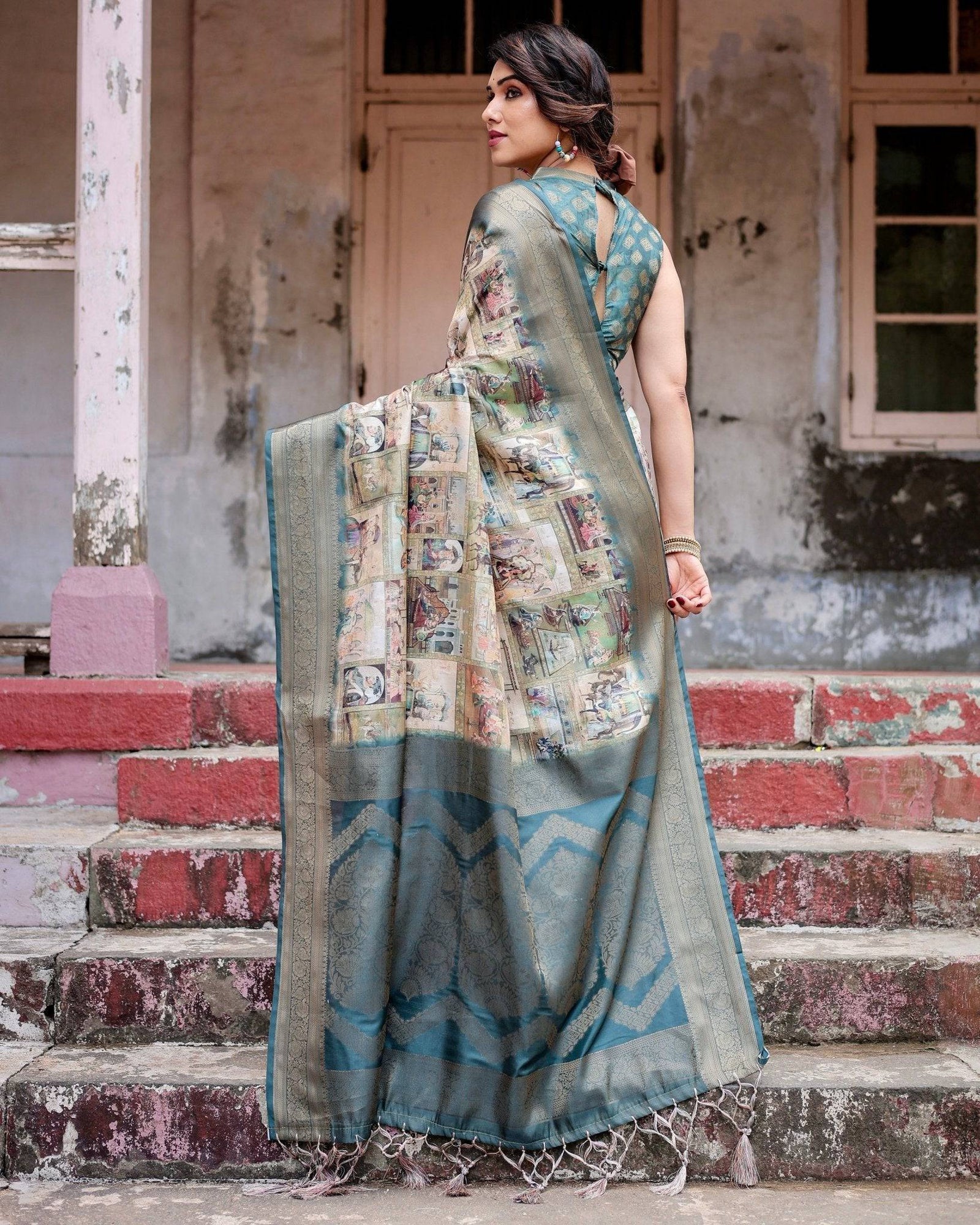 Graceful Teal Banarasi Silk Saree with Digital Vintage Prints and Zari Weaving BANARASI PRINTED