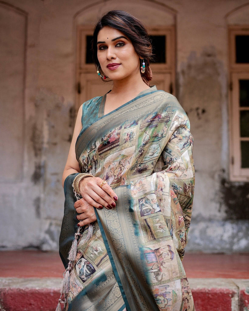 Graceful Teal Banarasi Silk Saree with Digital Vintage Prints and Zari Weaving BANARASI PRINTED