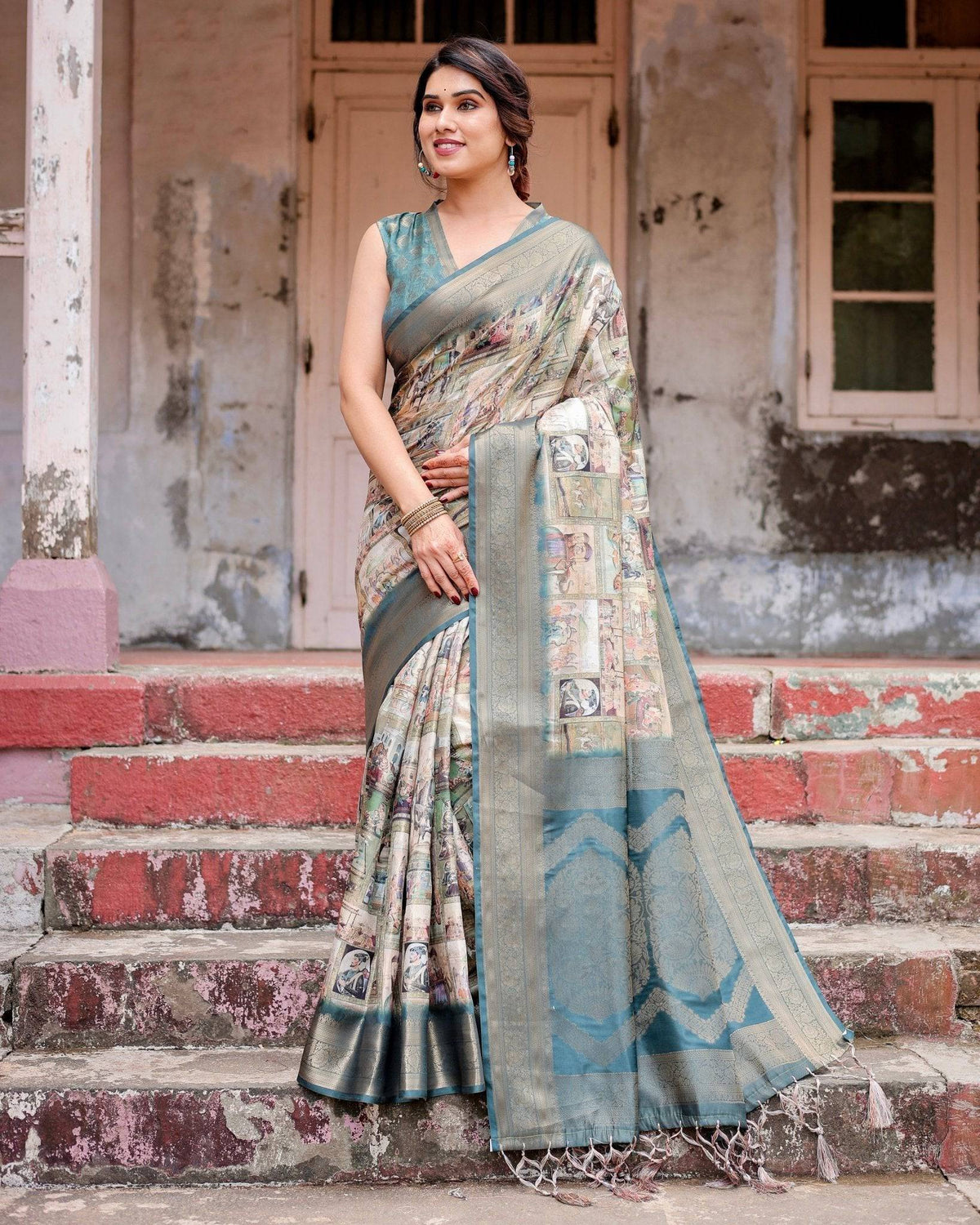 Graceful Teal Banarasi Silk Saree with Digital Vintage Prints and Zari Weaving BANARASI PRINTED Main image