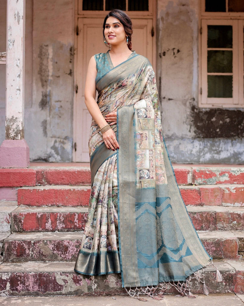 Graceful Teal Banarasi Silk Saree with Digital Vintage Prints and Zari Weaving BANARASI PRINTED