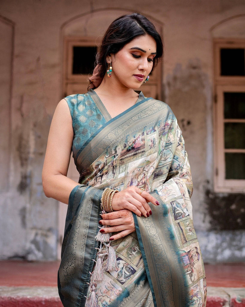 Graceful Teal Banarasi Silk Saree with Digital Vintage Prints and Zari Weaving BANARASI PRINTED