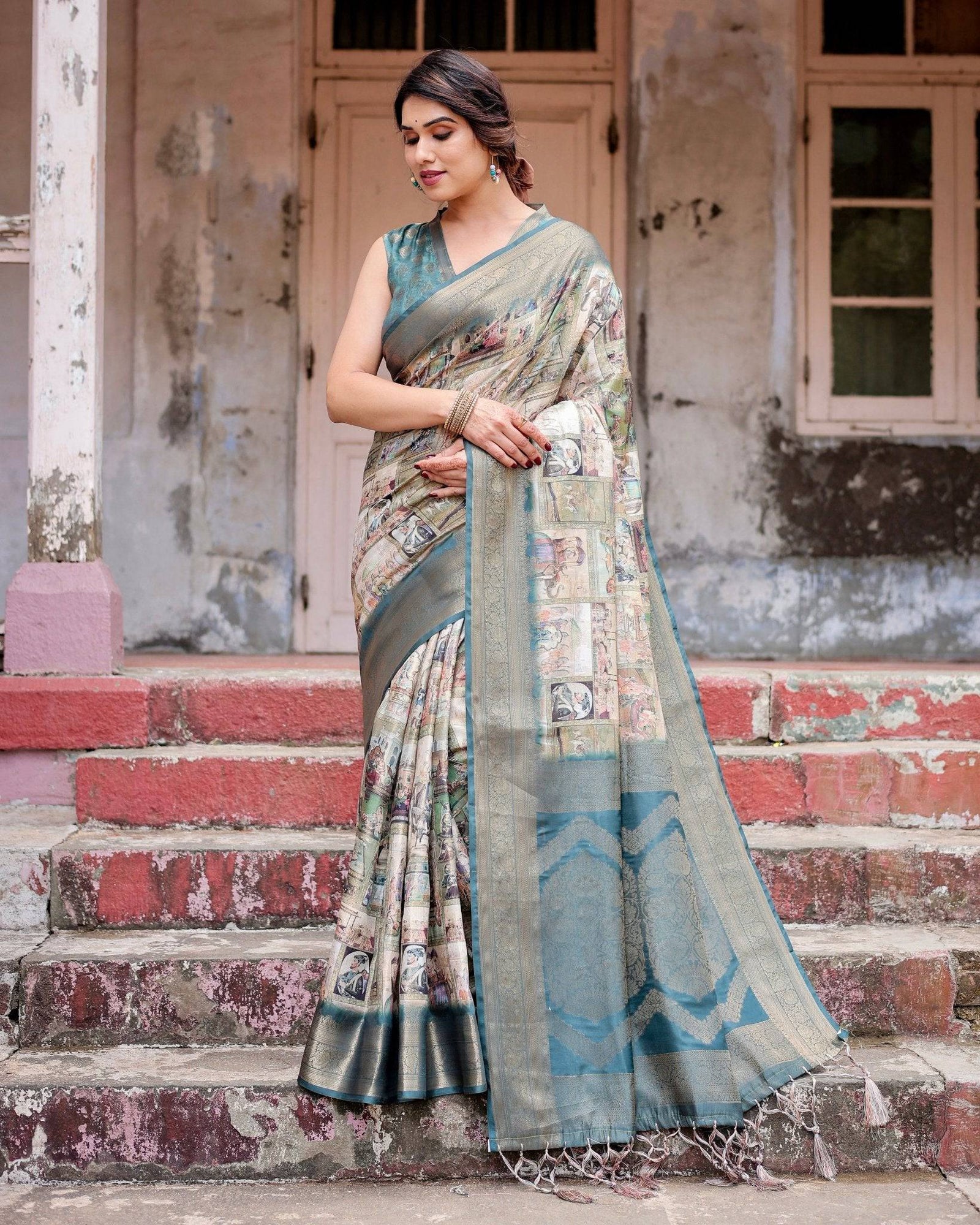 Graceful Teal Banarasi Silk Saree with Digital Vintage Prints and Zari Weaving BANARASI PRINTED