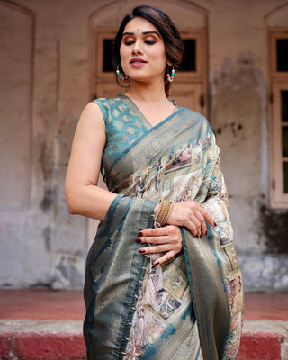 Graceful Teal Banarasi Silk Saree with Digital Vintage Prints and Zari Weaving BANARASI PRINTED