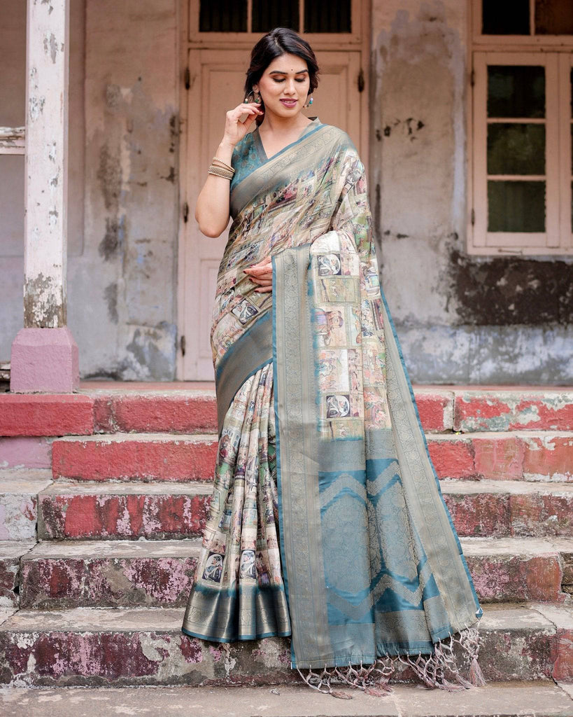 Graceful Teal Banarasi Silk Saree with Digital Vintage Prints and Zari Weaving BANARASI PRINTED