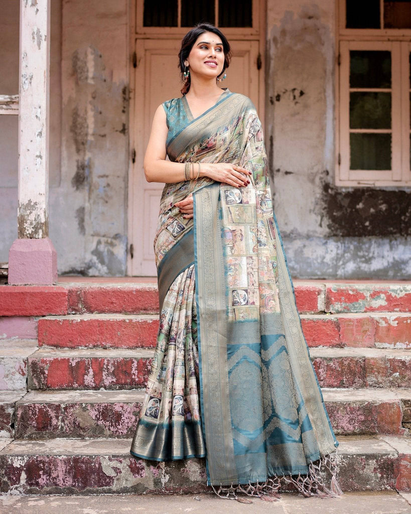 Graceful Teal Banarasi Silk Saree with Digital Vintage Prints and Zari Weaving BANARASI PRINTED