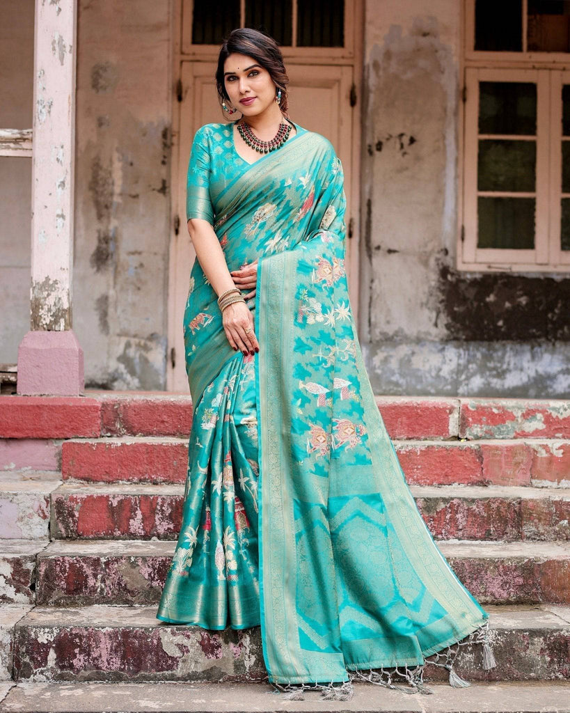 Elegant Teal Green Banarasi Silk Saree with Intricate Zari Weaving and Tassels BANARASI PRINTED
