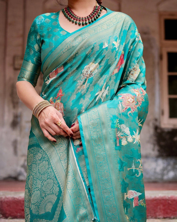 Elegant Teal Green Banarasi Silk Saree with Intricate Zari Weaving and Tassels BANARASI PRINTED