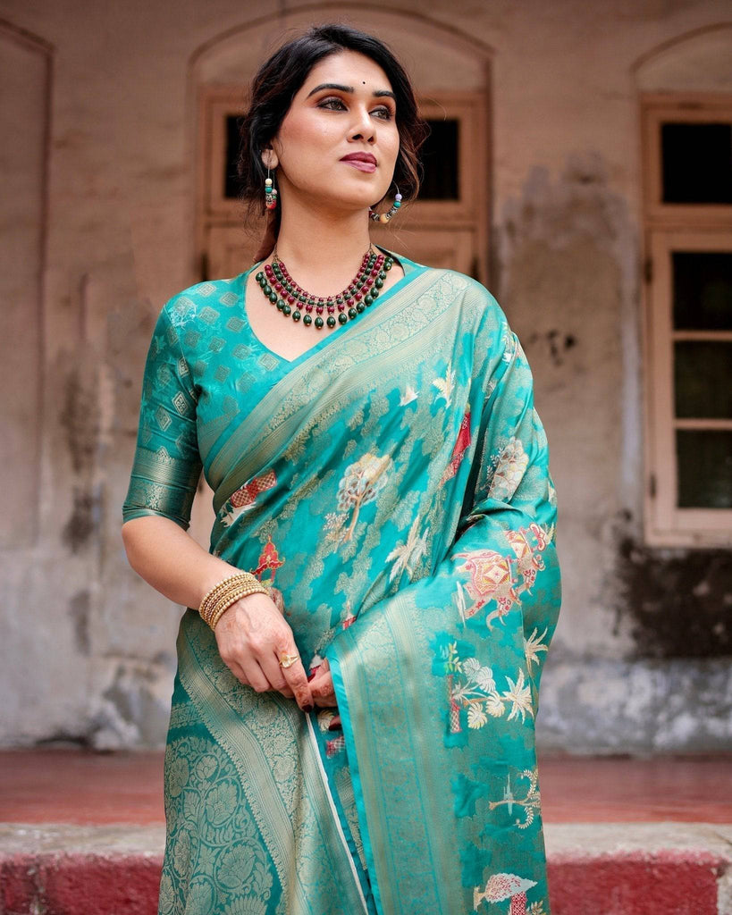 Elegant Teal Green Banarasi Silk Saree with Intricate Zari Weaving and Tassels BANARASI PRINTED