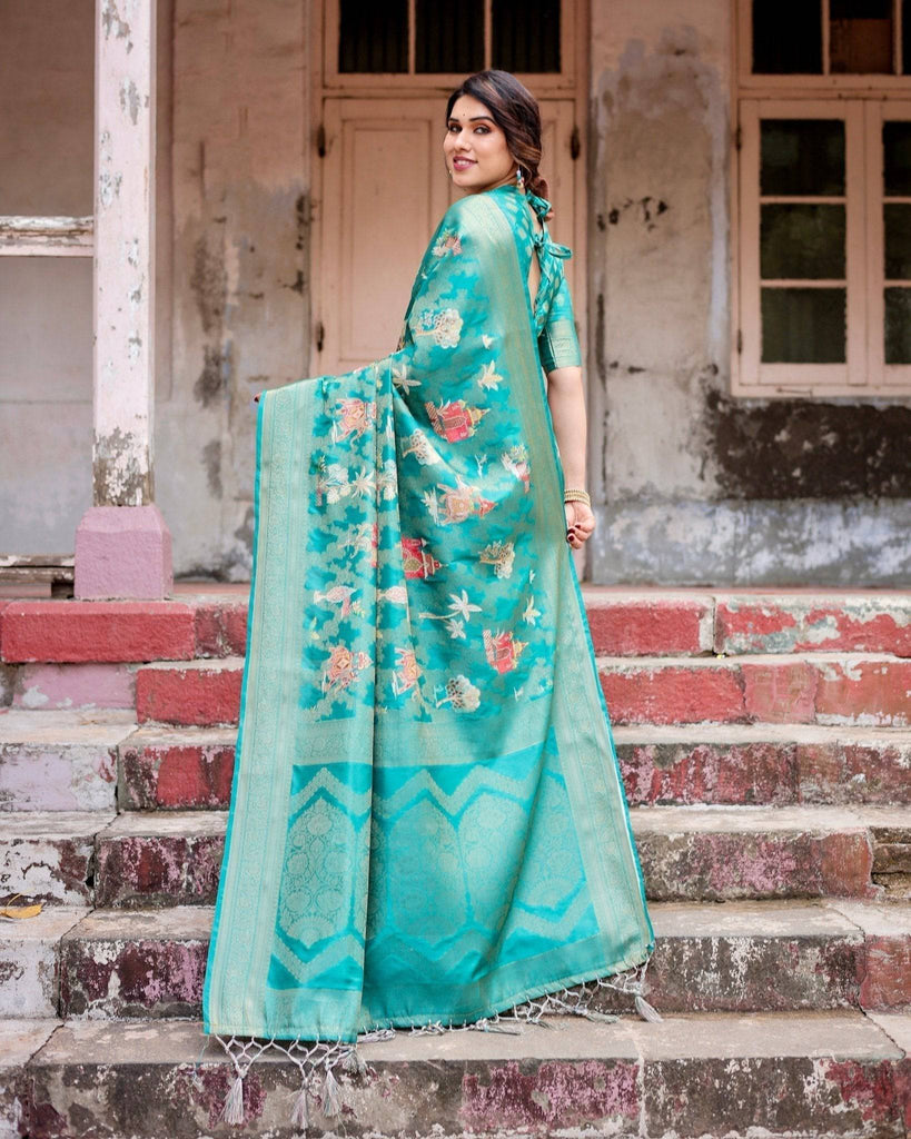 Elegant Teal Green Banarasi Silk Saree with Intricate Zari Weaving and Tassels BANARASI PRINTED
