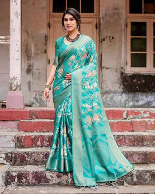 Elegant Teal Green Banarasi Silk Saree with Intricate Zari Weaving and Tassels BANARASI PRINTED