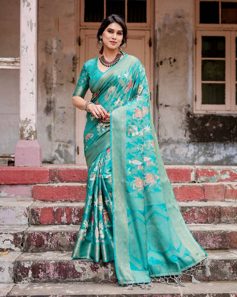 Elegant Teal Green Banarasi Silk Saree with Intricate Zari Weaving and Tassels BANARASI PRINTED