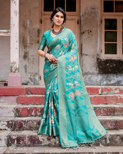 Elegant Teal Green Banarasi Silk Saree with Intricate Zari Weaving and Tassels BANARASI PRINTED