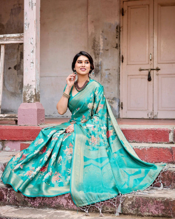 Elegant Teal Green Banarasi Silk Saree with Intricate Zari Weaving and Tassels BANARASI PRINTED