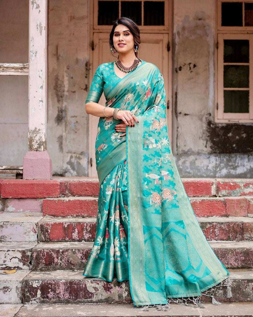Elegant Teal Green Banarasi Silk Saree with Intricate Zari Weaving and Tassels BANARASI PRINTED