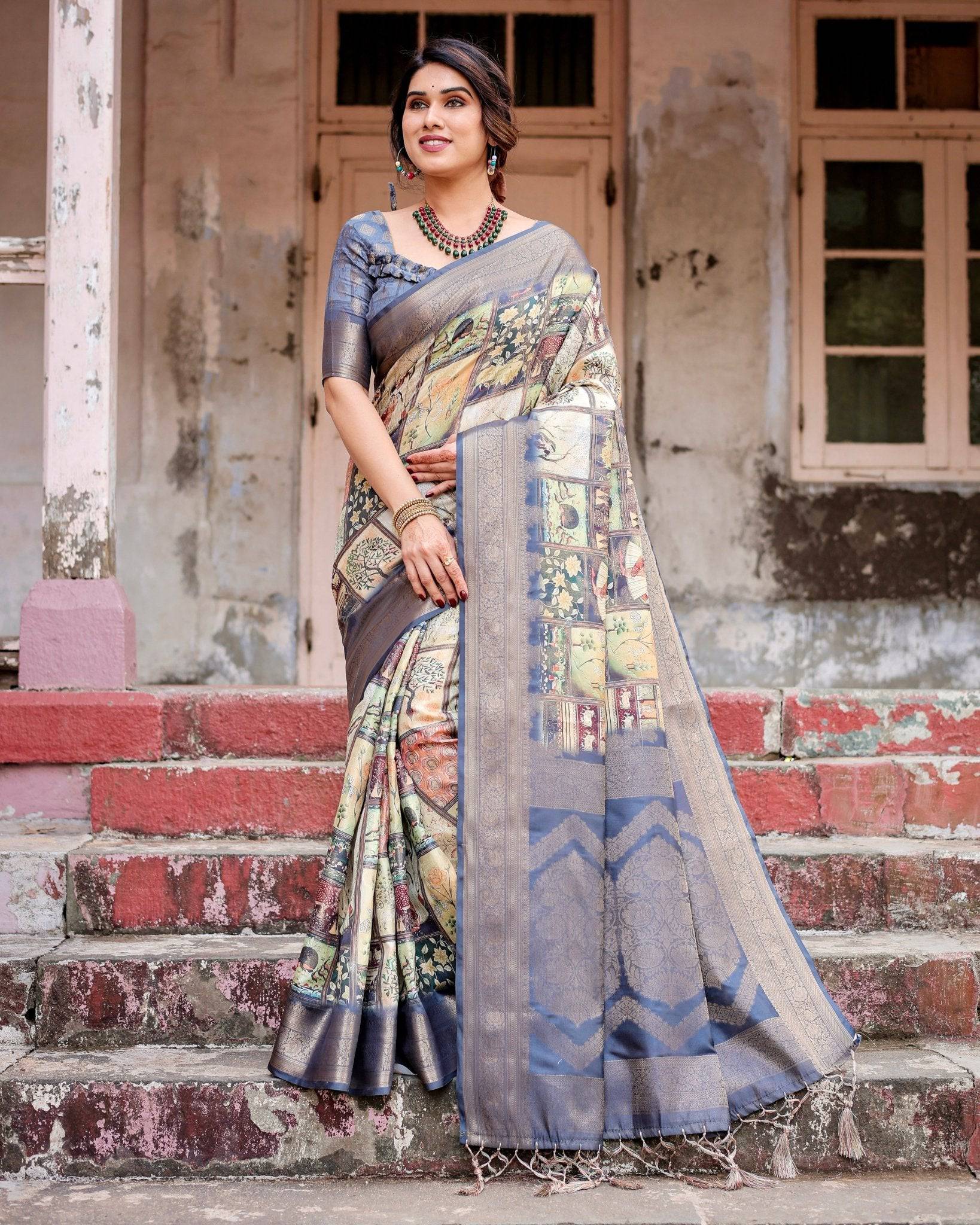 Banarasi Silk Saree in Beige with Multicolor Paisley and Floral Design Secondary image