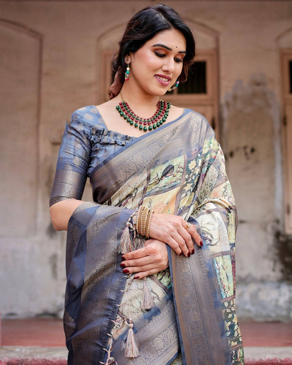 Banarasi Silk Saree in Beige with Multicolor Paisley and Floral Design BANARASI PRINTED