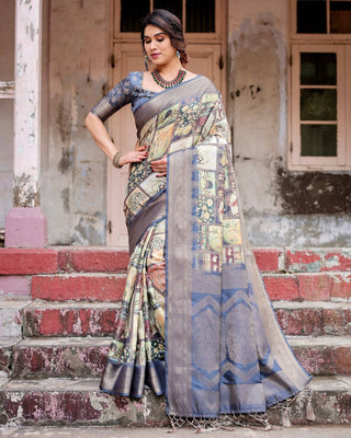 Banarasi Silk Saree in Beige with Multicolor Paisley and Floral Design BANARASI PRINTED
