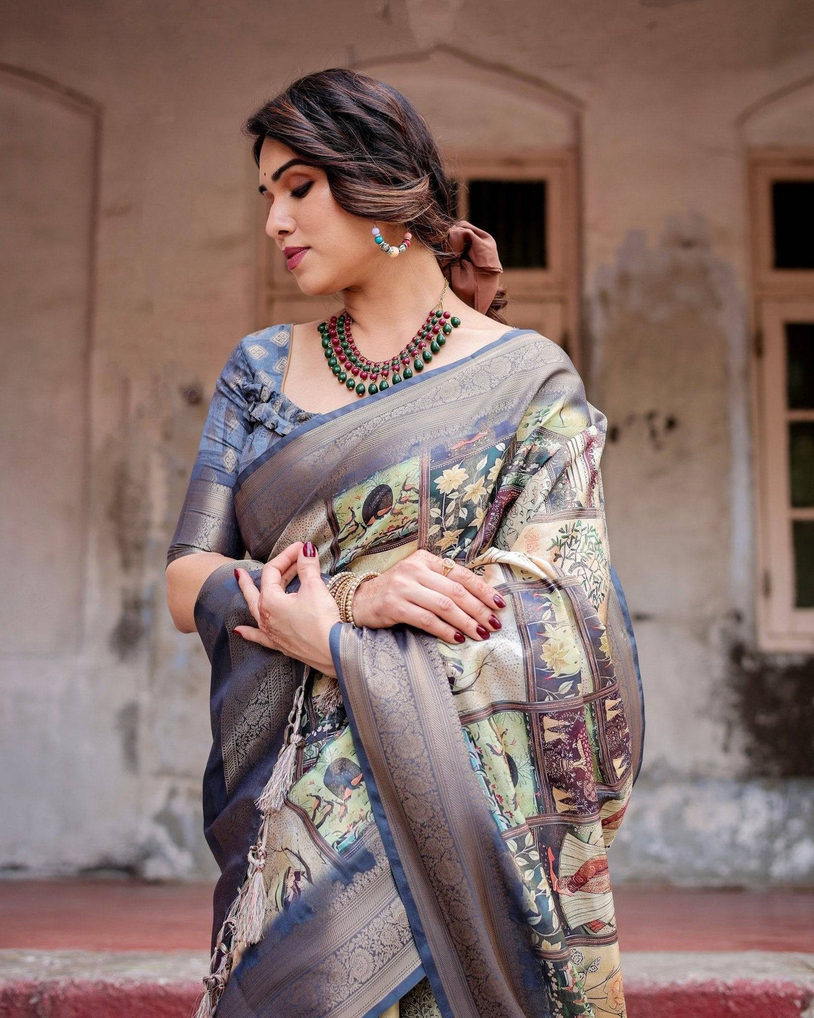 Banarasi Silk Saree in Beige with Multicolor Paisley and Floral Design BANARASI PRINTED