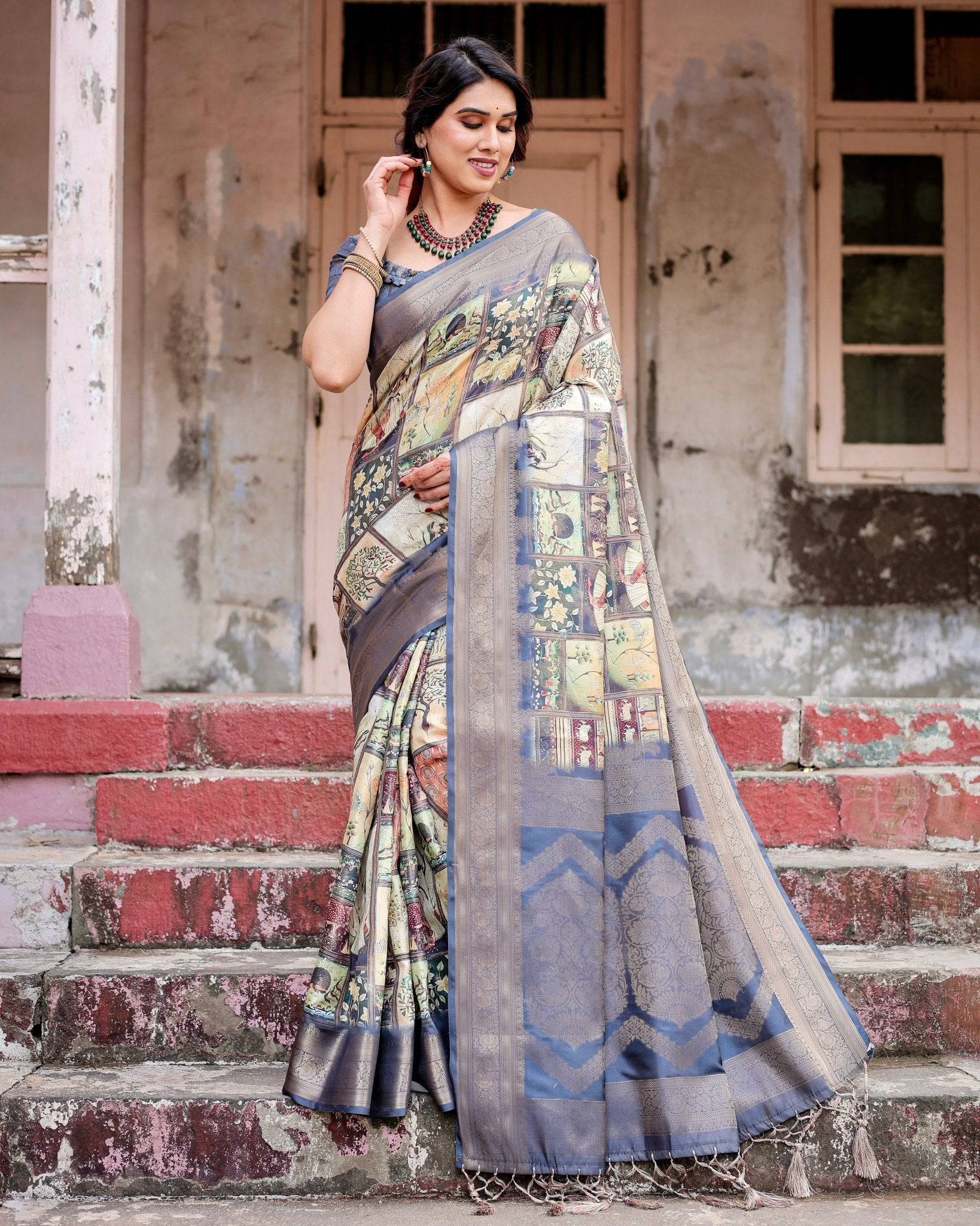 Banarasi Silk Saree in Beige with Multicolor Paisley and Floral Design BANARASI PRINTED Main image