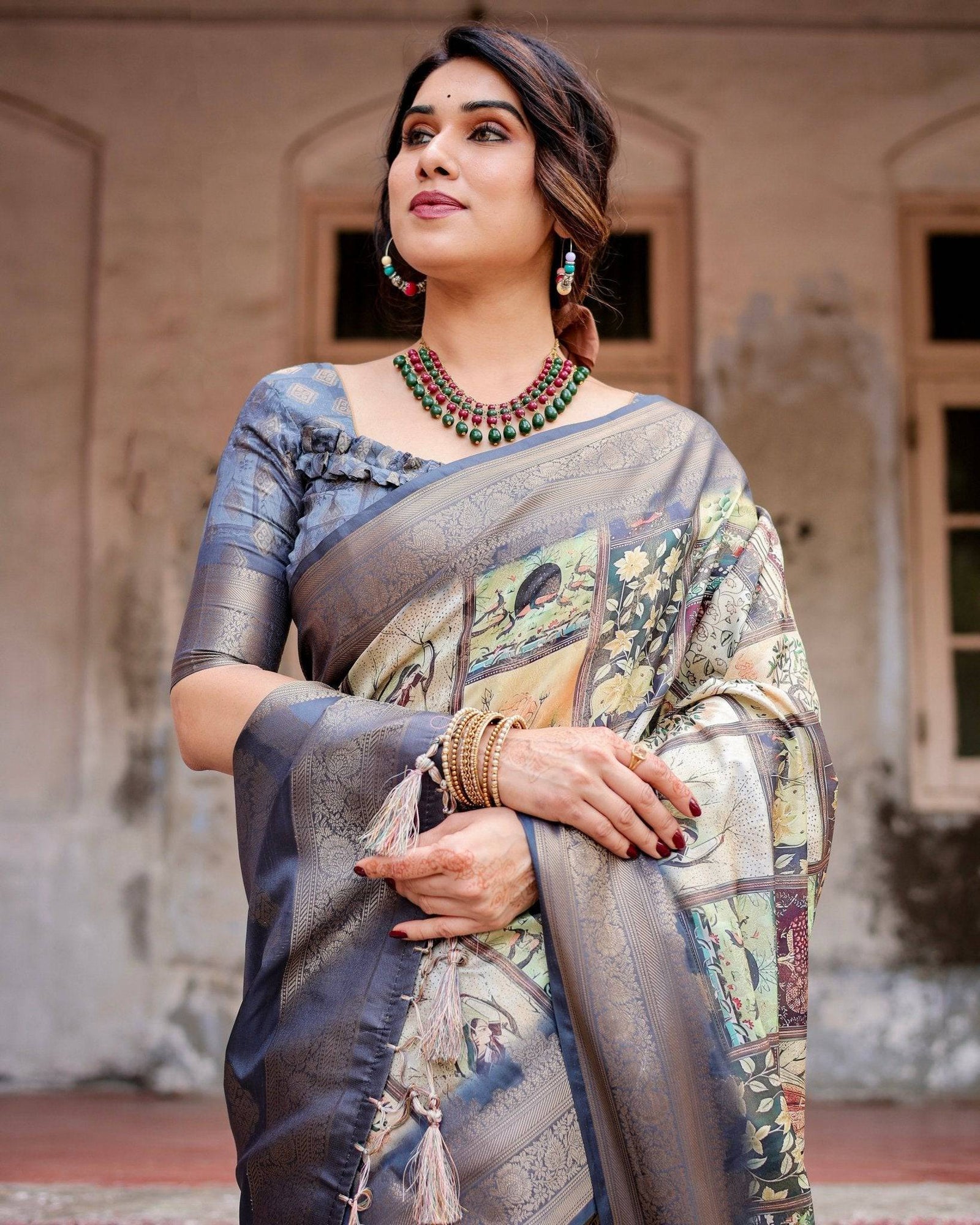 Banarasi Silk Saree in Beige with Multicolor Paisley and Floral Design BANARASI PRINTED