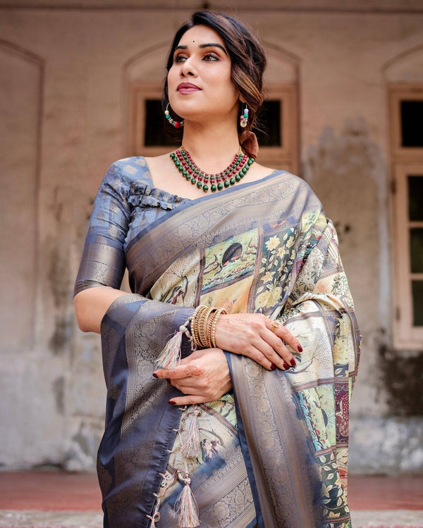 Banarasi Silk Saree in Beige with Multicolor Paisley and Floral Design BANARASI PRINTED