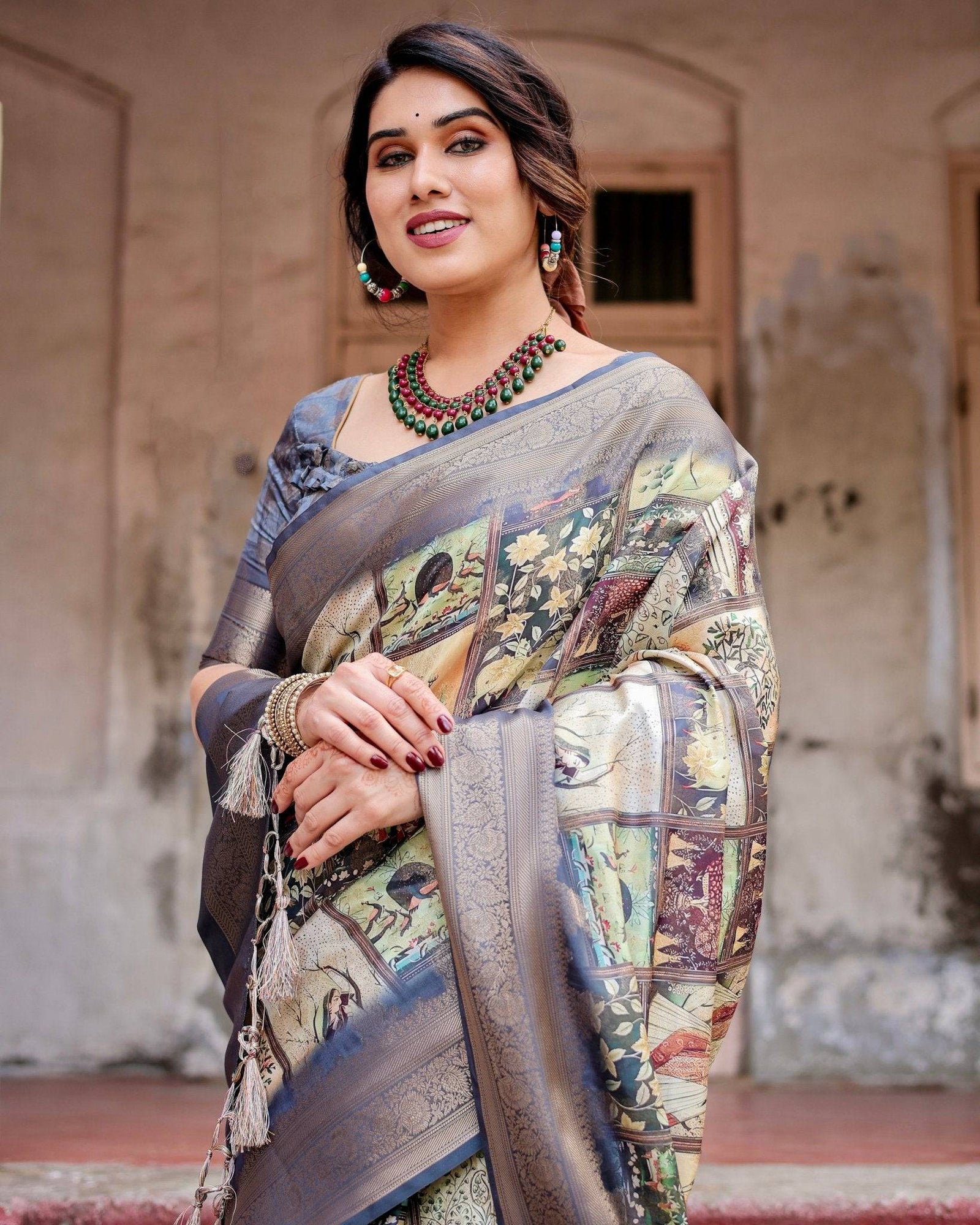 Banarasi Silk Saree in Beige with Multicolor Paisley and Floral Design BANARASI PRINTED