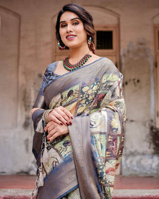 Banarasi Silk Saree in Beige with Multicolor Paisley and Floral Design BANARASI PRINTED