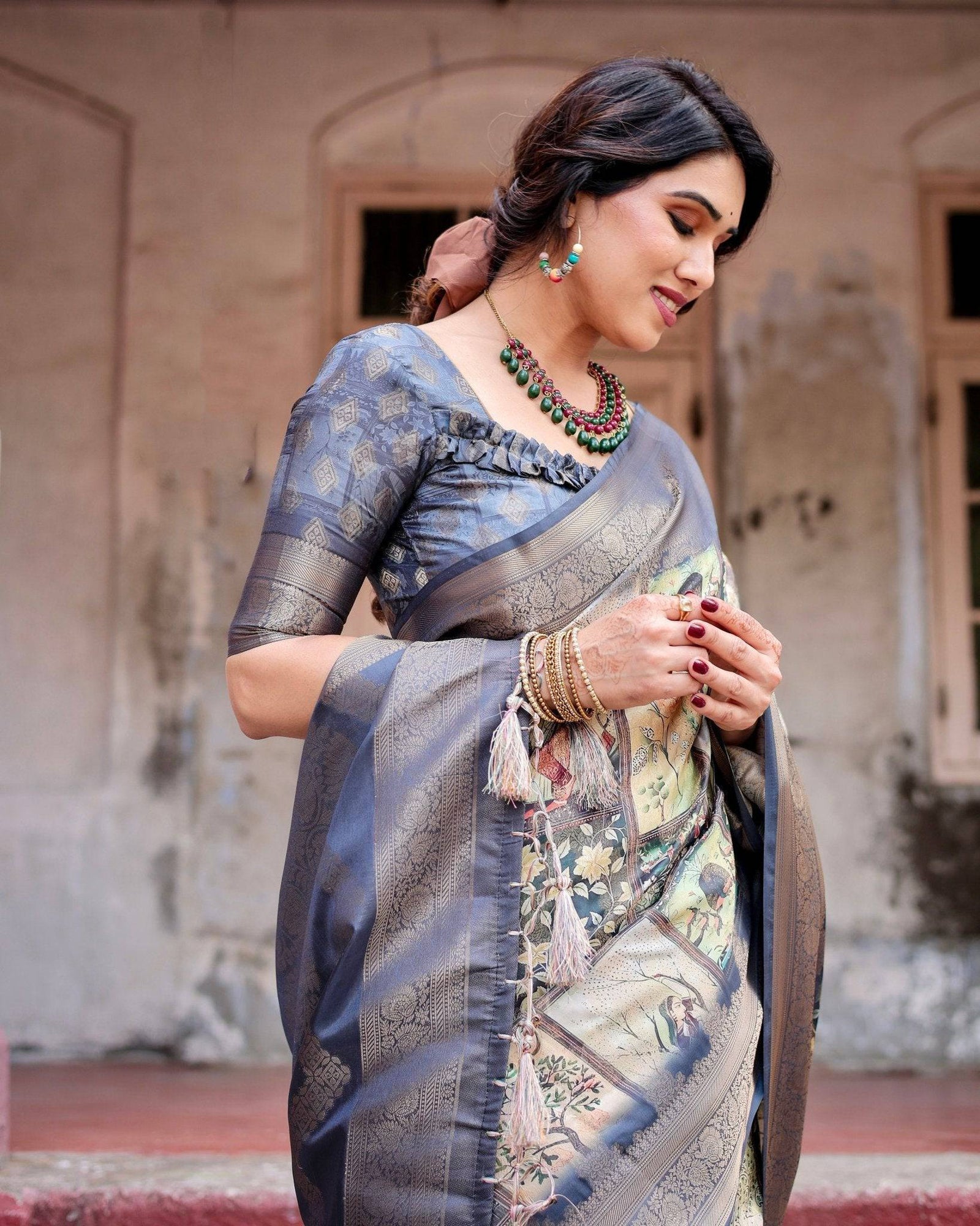 Banarasi Silk Saree in Beige with Multicolor Paisley and Floral Design BANARASI PRINTED