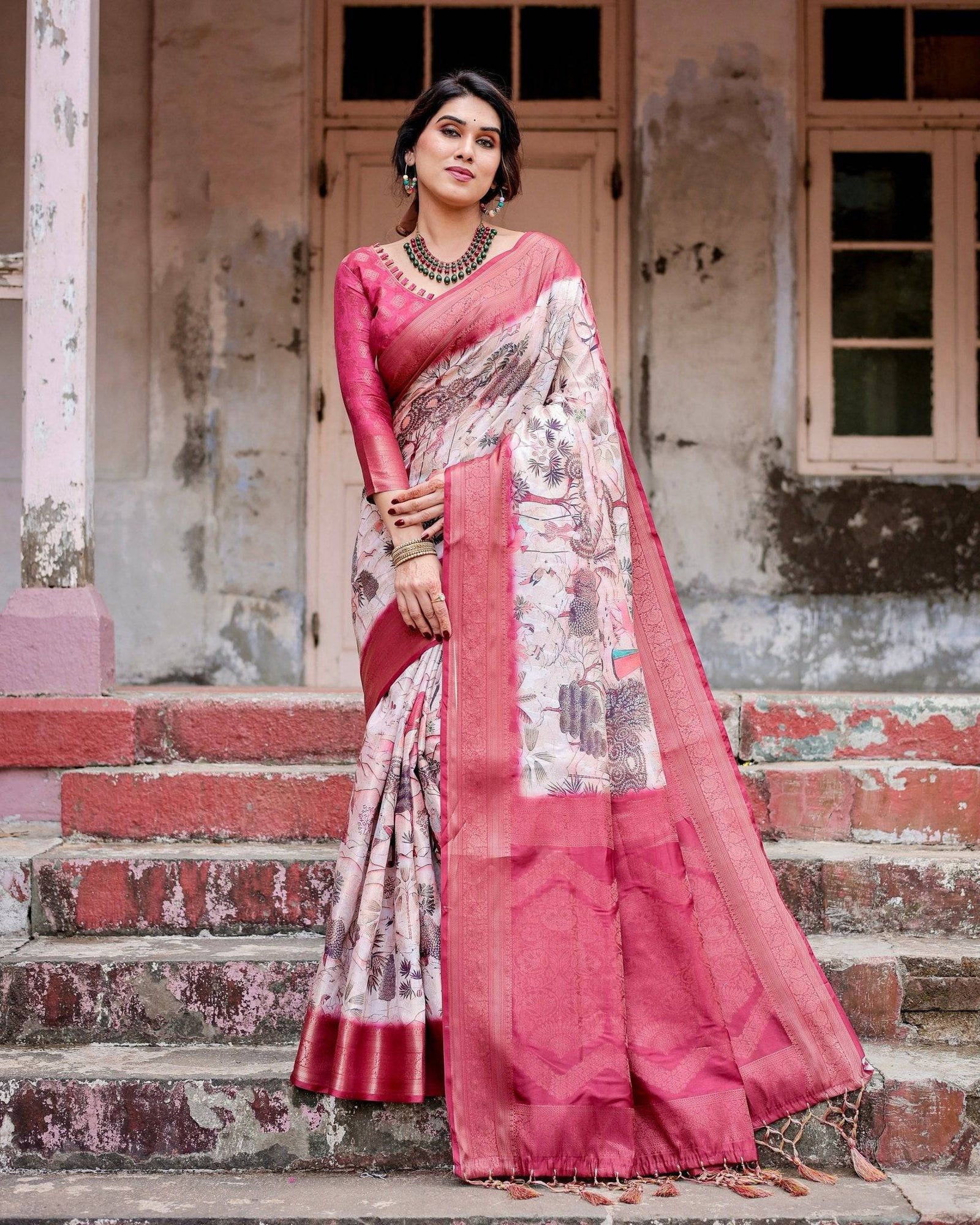 Graceful Fuchsia Pink Banarasi Silk Saree with Digital Forest Scenery Print & Zari Weave BANARASI PRINTED