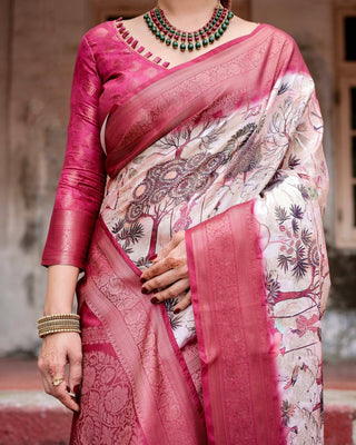 Graceful Fuchsia Pink Banarasi Silk Saree with Digital Forest Scenery Print & Zari Weave BANARASI PRINTED