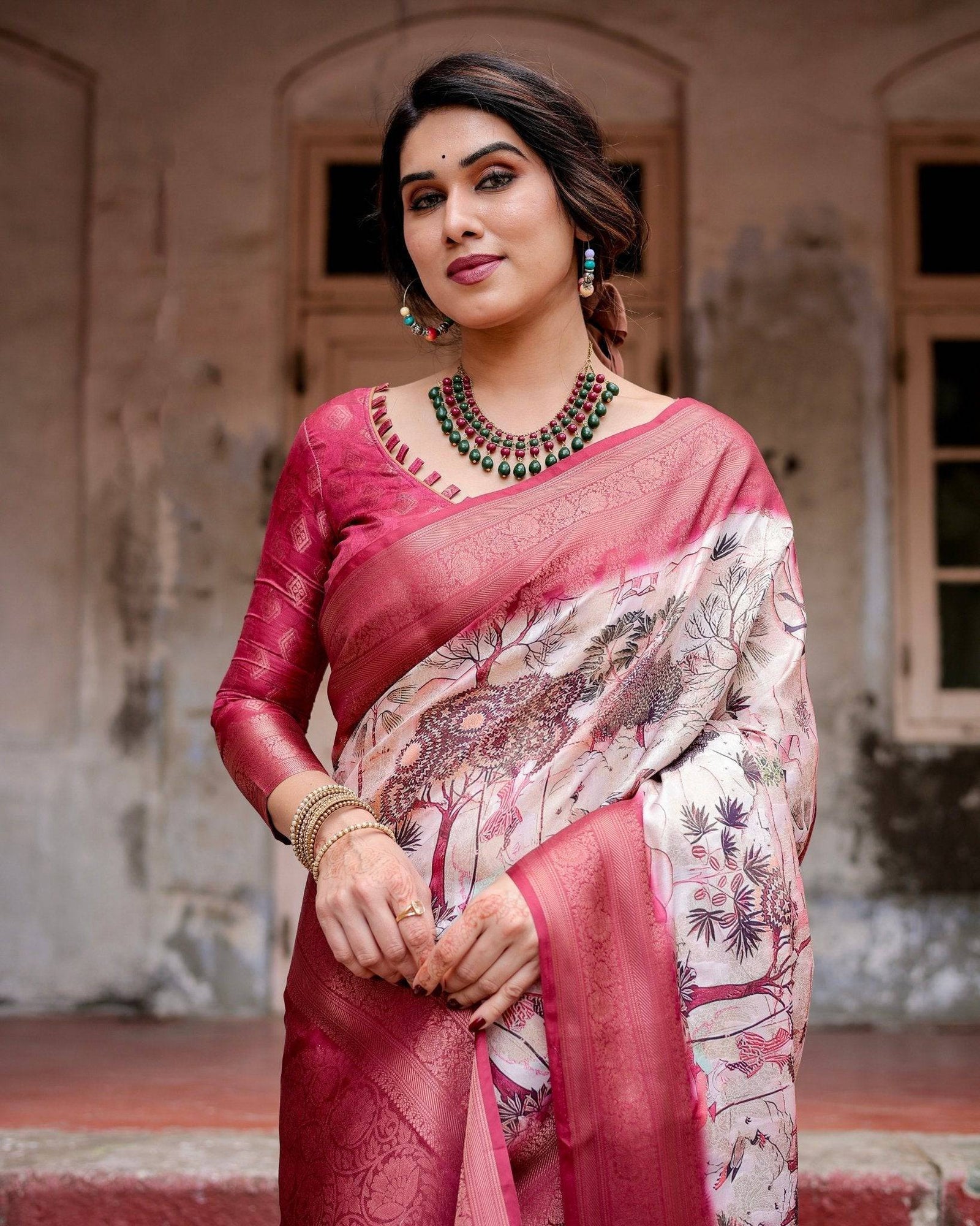 Graceful Fuchsia Pink Banarasi Silk Saree with Digital Forest Scenery Print & Zari Weave BANARASI PRINTED