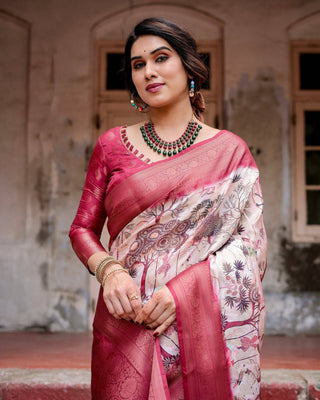 Graceful Fuchsia Pink Banarasi Silk Saree with Digital Forest Scenery Print & Zari Weave BANARASI PRINTED