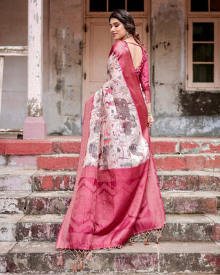 Graceful Fuchsia Pink Banarasi Silk Saree with Digital Forest Scenery Print & Zari Weave BANARASI PRINTED