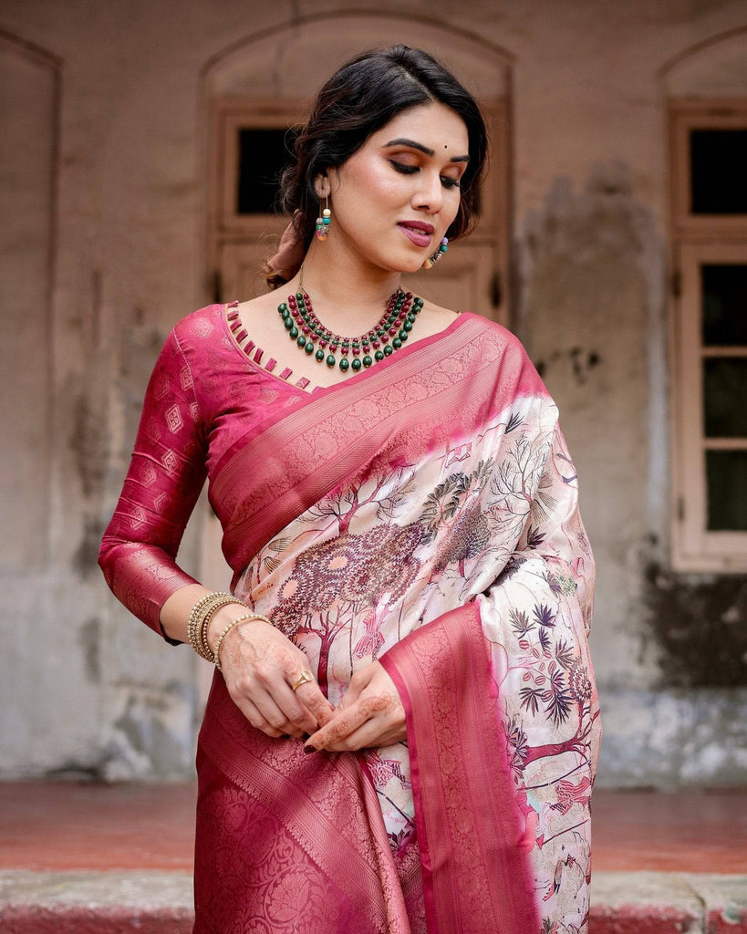 Graceful Fuchsia Pink Banarasi Silk Saree with Digital Forest Scenery Print & Zari Weave BANARASI PRINTED