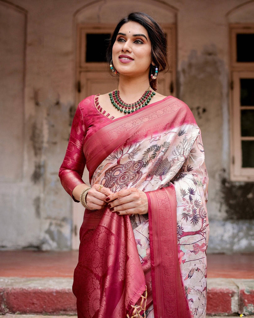 Graceful Fuchsia Pink Banarasi Silk Saree with Digital Forest Scenery Print & Zari Weave BANARASI PRINTED