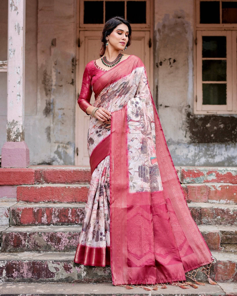 Graceful Fuchsia Pink Banarasi Silk Saree with Digital Forest Scenery Print & Zari Weave BANARASI PRINTED